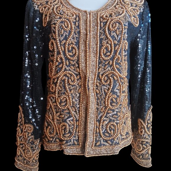 Small Vintage Bolero Jacket Black Gold Beaded Sequin Embroidery Patra - Picture 4 of 15